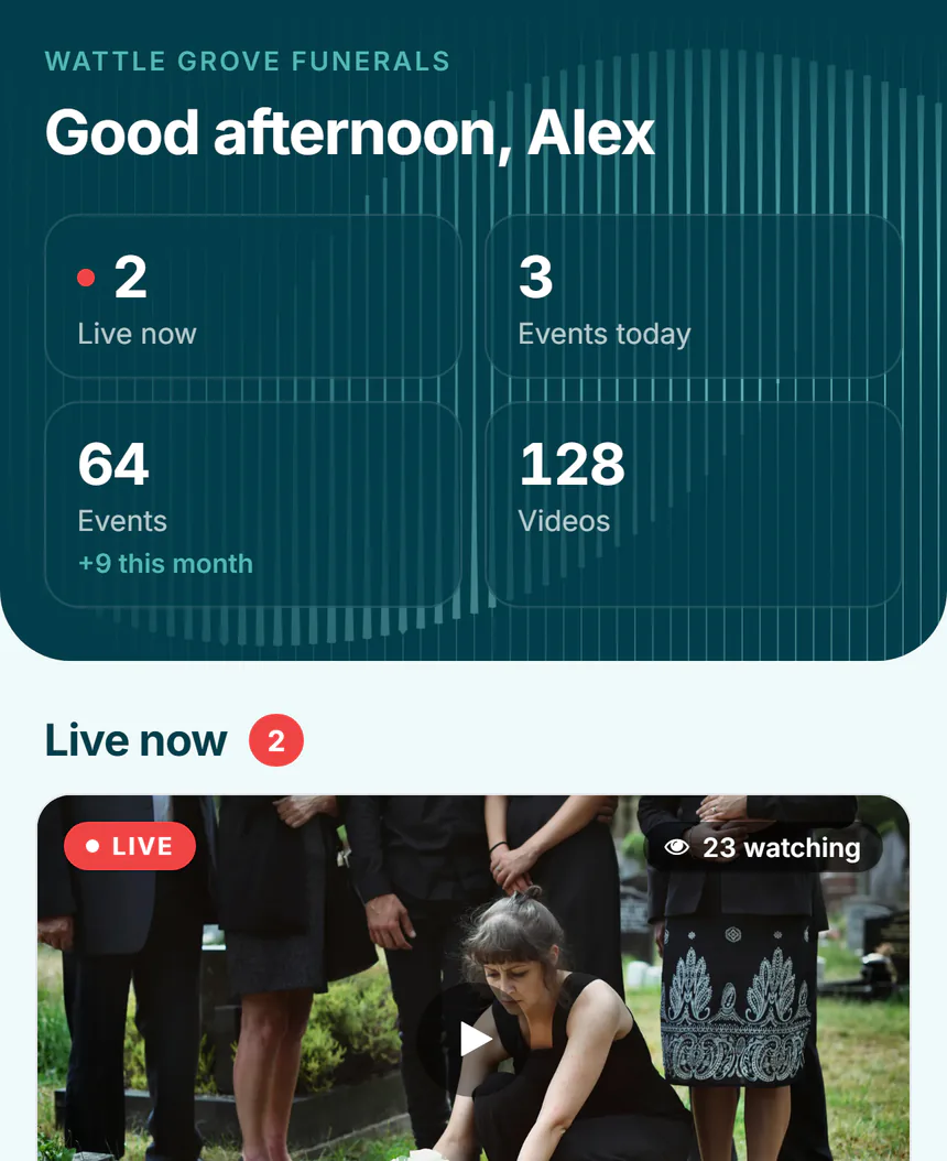 The StreamPro mobile app's home screen: a greeting, counts of live streams, today's events, events and videos, and the streams that are live now